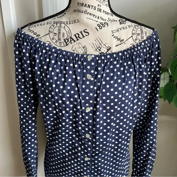 Lauren Ralph Lauren Off Shoulder Polka Dot Button Down Top Blue Sz M - Picture 4 of 15
